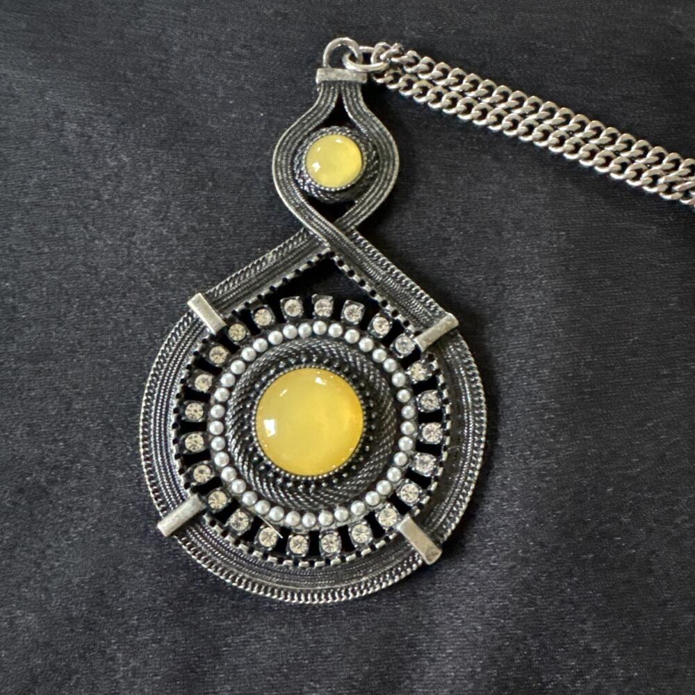 Lia Sophia Medallion Necklace Faux Yellow Cabochon & Clear Rhinestones 34”